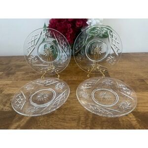Vintage Cut Crystal Dessert Plates Starburst Etched Pattern Set of 4 Clear Plate